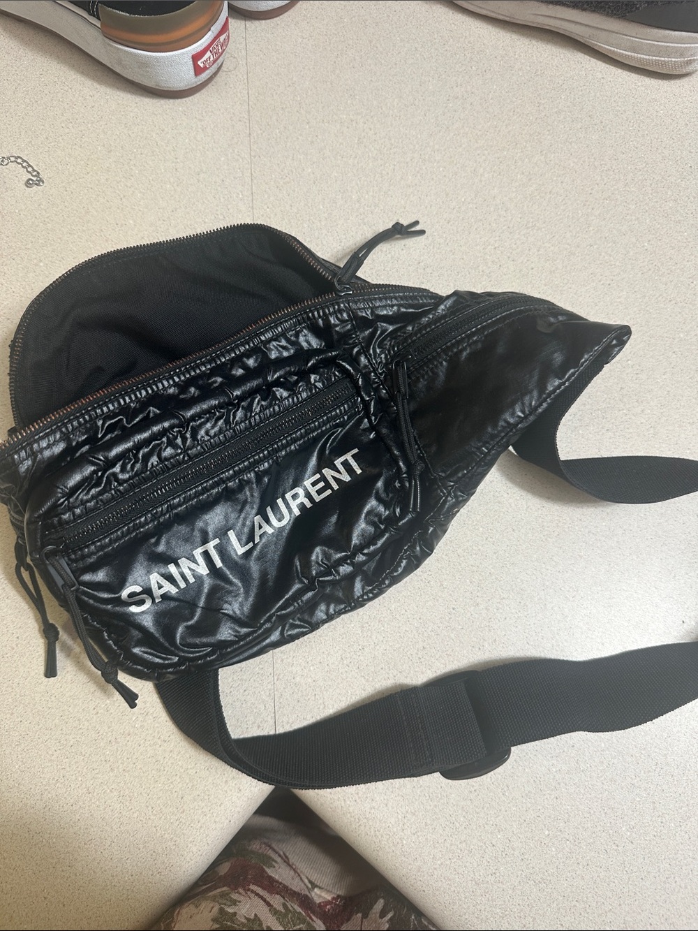 Saint Laurent Black Logo Quilted Nylon Belt Bag
